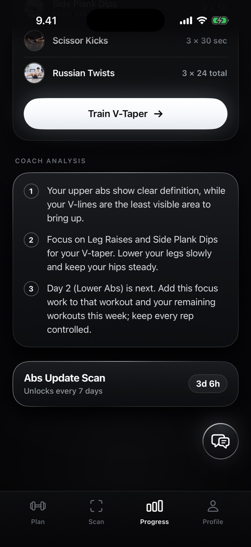 Coach Analysis screen with three personalized recommendations