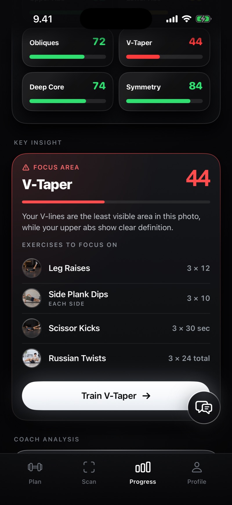 Key Insight screen showing a focus area and exercises to train it